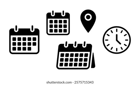 Calendar, Location Pin, and Clock Icon Set for Scheduling and Planning vector illustration