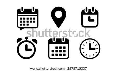 Calendar, Location Pin, and Clock Icon Set for Scheduling and Planning vector illustration