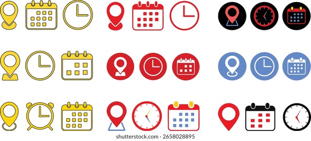 Calendario, pin de Locación, conjunto de iconos de tiempo. Iconos de interfaz. puntero de ubicación de Dirección y campana de alarma. Señal de alerta de aviso. horario de negocios y reloj de tiempo de oficina. Iconos de eventos
