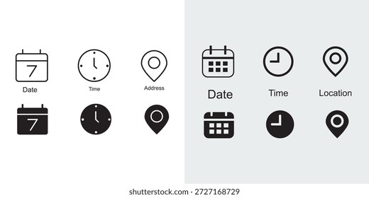 Calendar, Location pin, time icon set. Interface icons. address location pointer and alarm bell. Notice alert sign. business schedule and office time clock. Event icons 