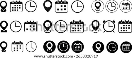 Calendar, Location pin, time icon set. Interface icons. address location pointer and alarm bell. Notice alert sign. business schedule and office time clock. Event icons
