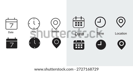 Calendar, Location pin, time icon set. Interface icons. address location pointer and alarm bell. Notice alert sign. business schedule and office time clock. Event icons 