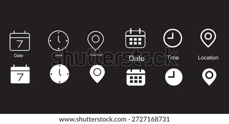 Calendar, Location pin, time icon set. Interface icons. address location pointer and alarm bell. Notice alert sign. business schedule and office time clock. Event icons 