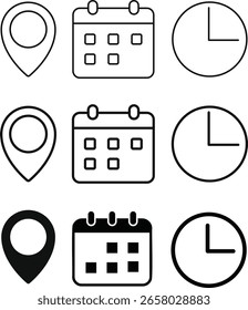 Kalender, Pin-Position, Zeitzeilensymbole. Warnzeichen beachten. Geschäftszeiten und Bürozeiten. Ereignis-Symbolsatz. Schnittstellensymbole 
