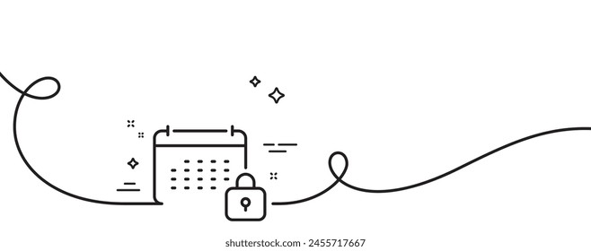 Icono de línea bloqueada de calendario. Una línea continua con rizo. Signo del planificador anual. Símbolo de programación de eventos. Cinta de esquema simple de calendario. Patrón de curva de bucle. Vector