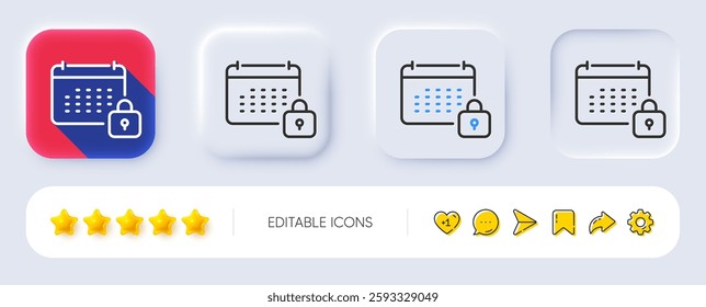 Calendar locked line icon. Neumorphic, Flat shadow, 3d buttons. Annual planner sign. Event schedule symbol. Line calendar icon. Social media icons. Vector