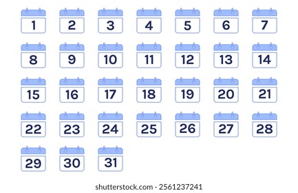 Calendar logo icon set collection 1, 2, 3, 4, 5, 6, 7, 8, 9, 10, 11, 12, 13, 14, 15, 16, 17, 18, 19, 20, 21, 22, 23, 24, 25, 26, 27, 28, 29, 30. All days of yea.vector design