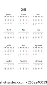 Calendar of Luxembourg 2026 in french language with holidays of Luxembourg. Vector illustration. Week start on monday