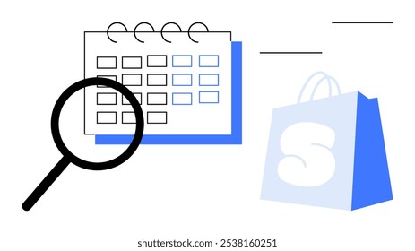 Calendar with magnifying glass highlighting dates and nearby shopping bag Ideal for time, management event planning shopping schedules productivity and appointments Modern minimal vector style
