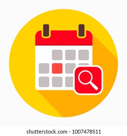 Calendar with magnifying glass icon vector, filled flat sign, solid pictogram isolated on white. Audit day symbol, logo illustration