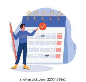 Calendar management concept. Man with large pencil in his hands marks dates. Planning and scheduling. Time management and efficient workflow, organization, deadline. Cartoon flat vector illustration