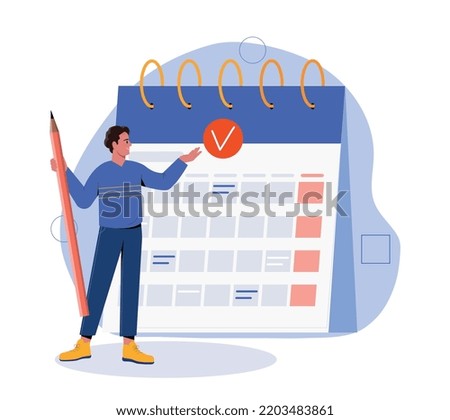 Calendar management concept. Man with large pencil in his hands marks dates. Planning and scheduling. Time management and efficient workflow, organization, deadline. Cartoon flat vector illustration