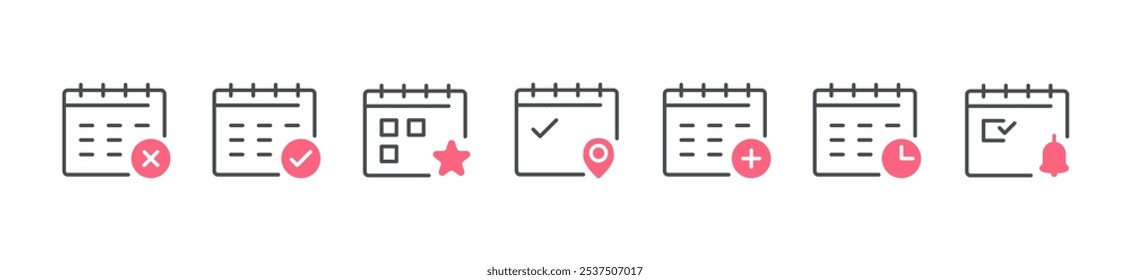 Calendar Management Icon Set. Thin Line Icons Depicting Task Scheduling, Deadlines, Reminders, and Events for Organization and Productivity