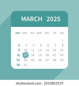 Calendar March 17, 2025 Saint Patrick's Day celebration date, green clover icon, vector