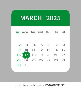 Calendar March 17, 2025 Saint Patrick's Day celebration date, green clover icon, vector