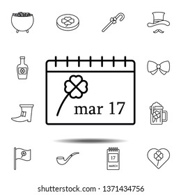 Calendar, March 17 icon. Simple thin line, outline vector element of Saint Patricks Day icons set for UI and UX, website or mobile application