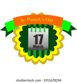 Calendar March 17 and original lettering St. Patricks Day on a green and gold background. Illustration for St. Patrick's day posters, greeting cards, print and web projects.