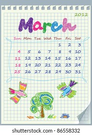 Calendar for March 2012. The week starts with Sunday. Illustration of spring. The numbers drawn on detached exercise book in a cage.
