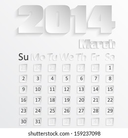 Calendar of March 2014 with the 3D image, vector