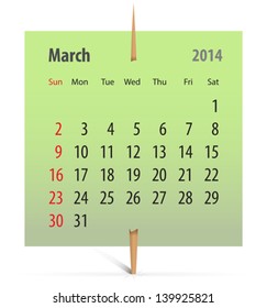Calendar for March 2014 on a green sticker attached with toothpick. Vector illustration