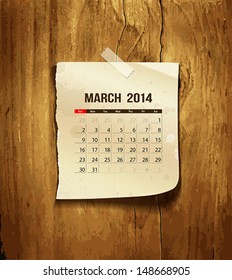 Calendar March 2014, vintage paper on wood background, vector illustration