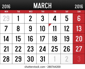 Calendar for March, 2016