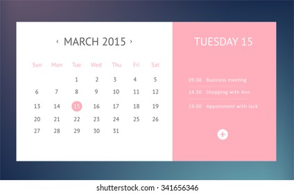 Calendar for March 2016 isolated on Background. Simple Vector Template