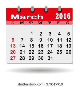 Calendar for March 2016 on a white background