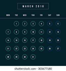 Calendar March 2016 vector design template - Minimalism Style