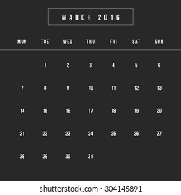 Calendar March 2016 vector design template - Minimalism Style