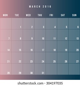 Calendar March 2016 vector design template - Minimalism Style