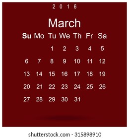 Calendar March 2016 vector design. Week starts from Sunday.