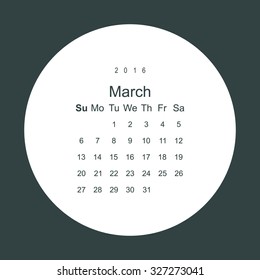 Calendar March 2016 vector design. Week starts from Sunday.