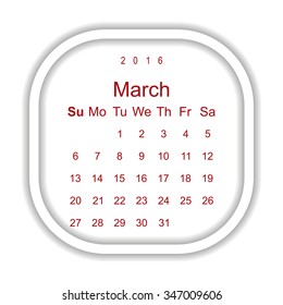 Calendar March 2016 vector design. Week starts from Sunday.