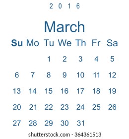 Calendar March 2016 vector design. Week starts from Sunday. icon, vector illustration. Modern design. Flat design style
