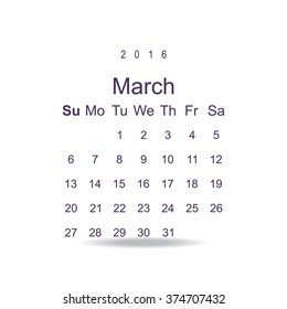 Calendar March 2016 vector design. Week starts from Sunday. icon