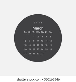 Calendar March 2016 vector design. Week starts from Sunday.