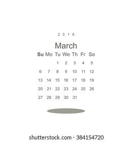 Calendar March 2016 vector design. Week starts from Sunday.
