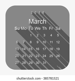 Calendar March 2016 vector design. Week starts from Sunday.