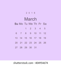 Calendar March 2016 vector design. Week starts from Sunday.