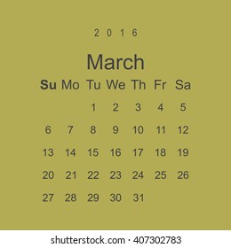 Calendar March 2016 vector design. Week starts from Sunday.