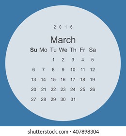 Calendar March 2016 vector design. Week starts from Sunday.