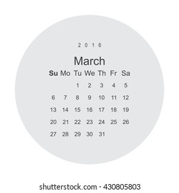 Calendar March 2016 vector design. Week starts from Sunday.