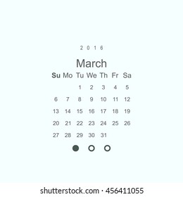 Calendar March 2016 vector design. Week starts from Sunday.