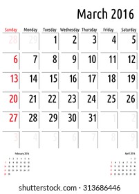 Calendar March 2016. vector planning calendar template