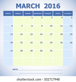 Calendar March 2016 week starts Sunday, stock vector