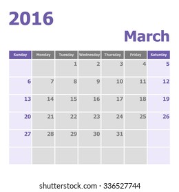 Calendar March 2016 week starts from Sunday, stock vector