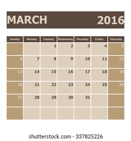 Calendar March 2016, week starts from Sunday, stock vector