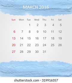 Calendar for march 2016.Vector illustration.