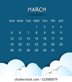 calendar of March in 2017, blue background